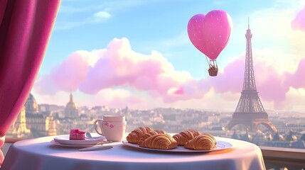 Romantic Parisian breakfast scene with a hot air balloon.