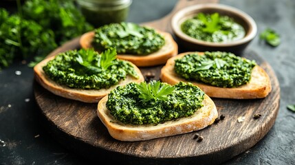 Crispbread topped with fresh kale pesto spread, beautifully presented on a cutting board.
