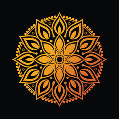 Golden gradient mandala with floral petal design on a black background in a symmetrical pattern