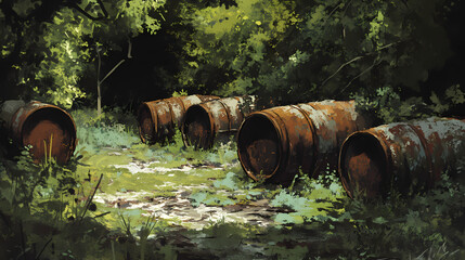 Rusty barrels line overgrown, forgotten place. [Whispering Machines] | Forgotten Line | dropped routine. Illustration