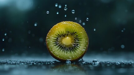Fresh Kiwi Slice with Water Drops, Juicy Fruit Macro Photography