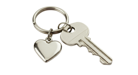 Isolated Key with Heart Shaped Keychain Silver