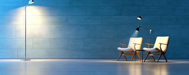 Fototapeta premium Modern, minimalist room with two armchairs and lamps