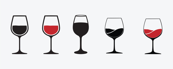 set of wine glasses vector. Glass of Wine icons in Line and Silhouette Vector Style on White Background