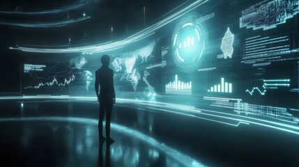 Person observing futuristic holographic data displays showing world map, graphs, and charts.