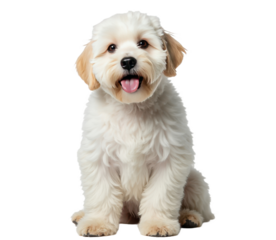 Cute fluffy white puppy sitting and looking at the viewer