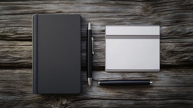 Black notebook notepad and pens on rustic wooden surface