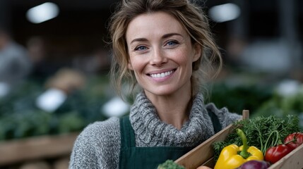 cheerful vendor holds a wooden crate filled with vibrant vegetables, surrounded by lively market activity and customers appreciating fresh produce