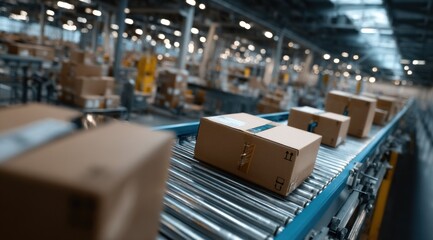Packages move along a conveyor belt in a bustling distribution center. Workers oversee the operation, ensuring an efficient flow of items in the facility during peak hours