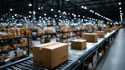 Cardboard boxes are lined up neatly on metallic shelves in a large warehouse, with glowing lights illuminating the workspace in the background