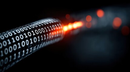 close view of a digital cable transmitting data represented by binary code against a dark background, illustrating the flow of information in technology