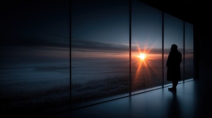 person stands silently by large glass windows, gazing at a stunning sunrise over the horizon. early morning light casts a warm glow on the tranquil ocean view