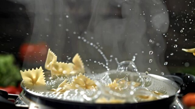 dry farfalle pasta falling into boiling water in a saucepan, slow motion
