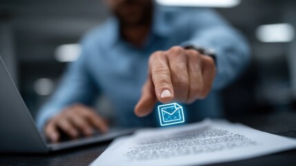 person is focused on their laptop, extending a finger towards a glowing digital envelope icon over printed documents. workspace features a sleek design and professional atmosphere