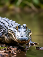 Fototapeta premium Closeup of an American alligator on the bank with blurred background