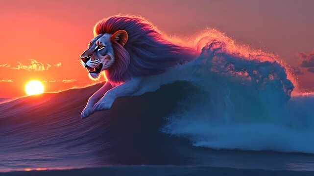 Lion leaping majestically from ocean wave at sunset, embodying strength, power and freedom