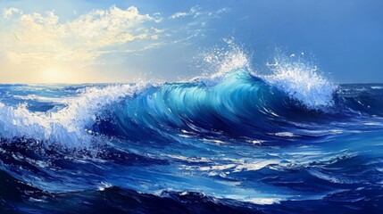 Ocean Wave at Sunrise, Blue and White Water Splashing