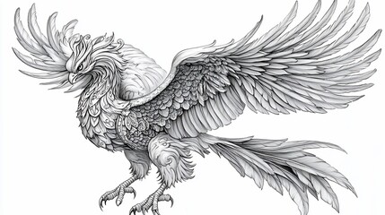 Naklejka premium Detailed illustration of a mythical bird in flight. Elaborate design with intricate feather details
