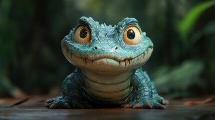 Fototapeta premium Cute, cartoonish reptile character, detailed rendering.
