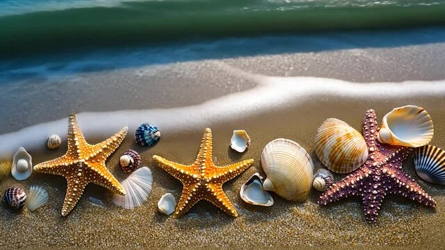 Ocean treasures: Starfish and seashell collection on a sandy tropical beach