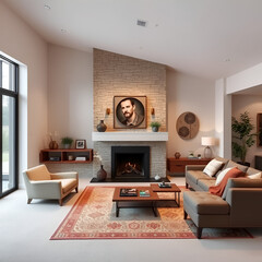 Spacious living room with fireplace, carpet floor and rug