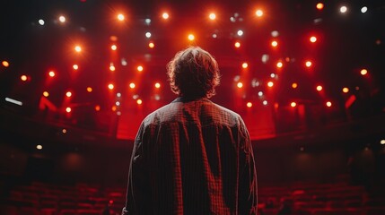 Person facing stage lights in a performance hall.