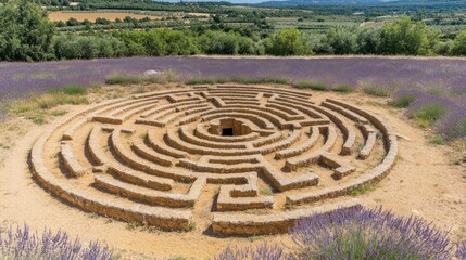 Circular stone maze nestled in a lavender field.