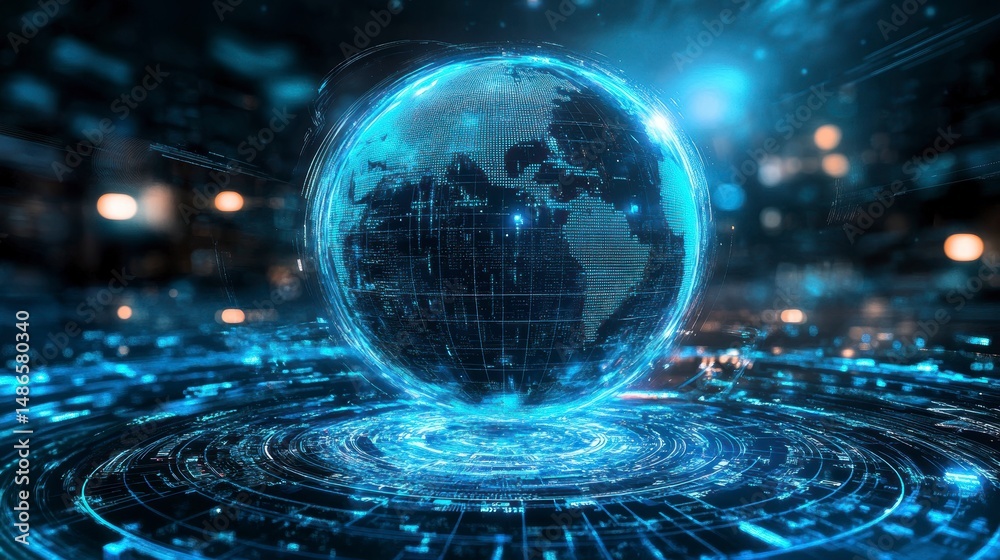 Poster futuristic digital globe on a glowing platform.