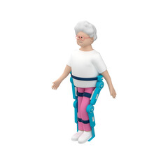 Senior woman character with an exoskeleton walking. Elderly woman with grey hair using an exoskeleton to recover and for rehabilitation, 3d render