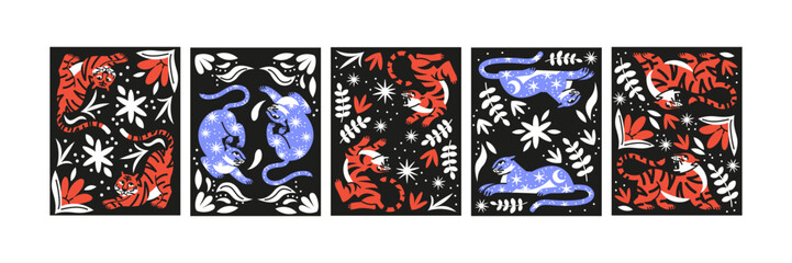 Retro 90s Tropical Posters Featuring Tigers and Leaves — Asian-Inspired Floral Patterns with Tigers and Leopards
