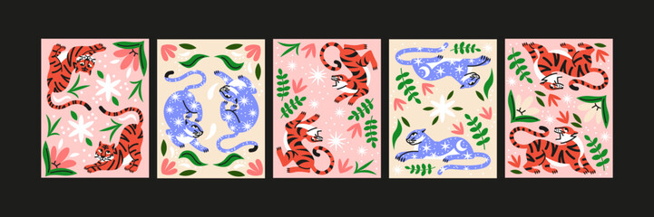 Retro 90s Tropical Posters Featuring Tigers and Leaves — Asian-Inspired Floral Patterns with Tigers and Leopards