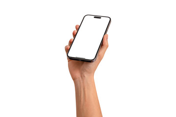 Hand showing smartphone with blank screen isolated. Premium high quality studio shot. Concept for technology, business, finance and advertising.