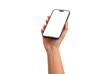 Hand showing smartphone with blank screen isolated. Premium high quality studio shot. Concept for technology, business, finance and advertising.
