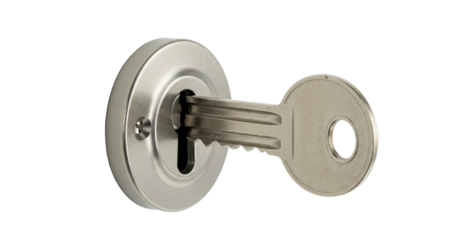 Isolated Key Inserted in Silver Metallic Keyhole