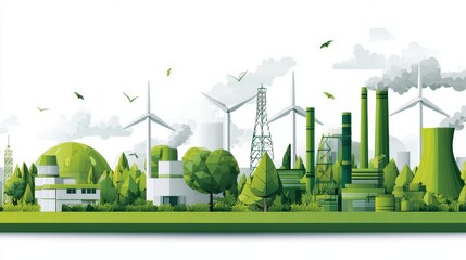 A stunning image of green industry eco power for sustainable energy environmental friendly low carbon footprint. Green factory industry for good environment ozone air low carbon.