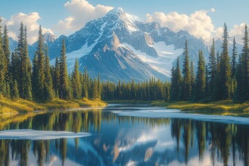 Majestic mountain range reflecting on a serene lake surrounded by evergreen forest.