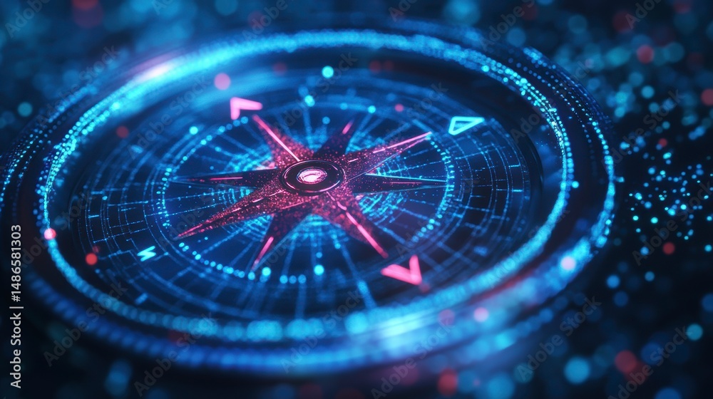 Poster Futuristic digital compass with glowing interface and navigation arrows.