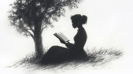 Silhouette of a woman reading under a tree