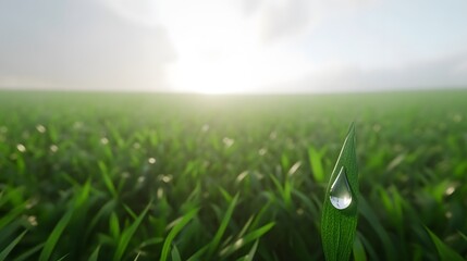 Morning Dewdrop on Green Grass Field Sunrise