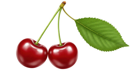 Isolated Fresh Cherries on Stem with Leaf