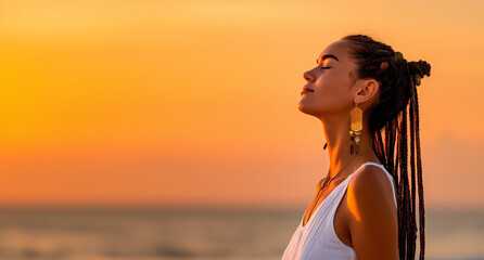 Serene Woman Enjoying Sunset by the Beach in Peaceful Contemplation