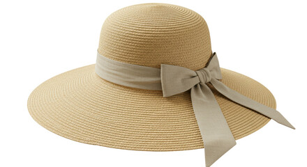 Isolated Straw Sun Hat with Beige Ribbon