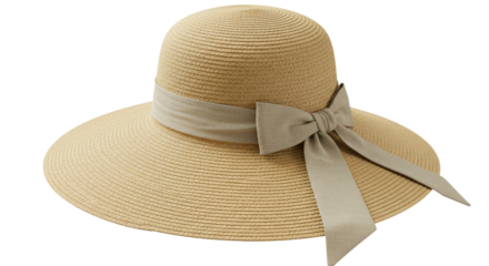 Isolated Straw Sun Hat with Beige Ribbon
