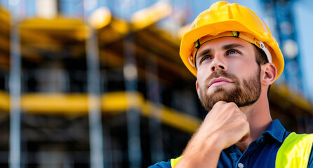 Focused Construction Worker Wearing Safety Gear at a Building Site