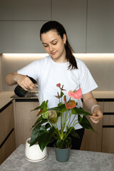 A cute girl in a white T-shirt sprays a houseplant on the kitchen table, creating a cozy atmosphere. Ideal for plant care, home decor and natural aesthetics.