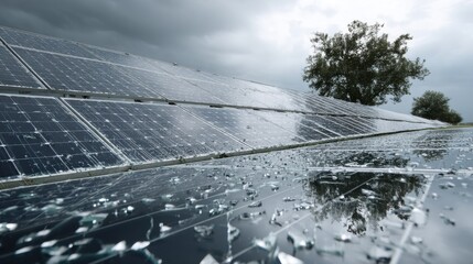 A stunning image of solar panel array affected by hail, featuring cracked cells and tree reflection beneath overcast skies, illustrating the susceptibility of energy systems.