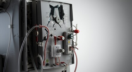 Broken Dialysis Machine Isolated on White Screen Background Depicting Medical Equipment Damage for Healthcare and Medical Concept in Black and White