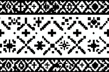 Black and white pixelated geometric pattern with crosses diamonds and other shapes.