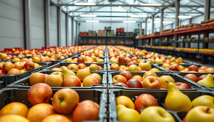 Crates filled with crisp apples and juicy pears awaiting shipment in the chilled warehouse., Backlit. with white shades
