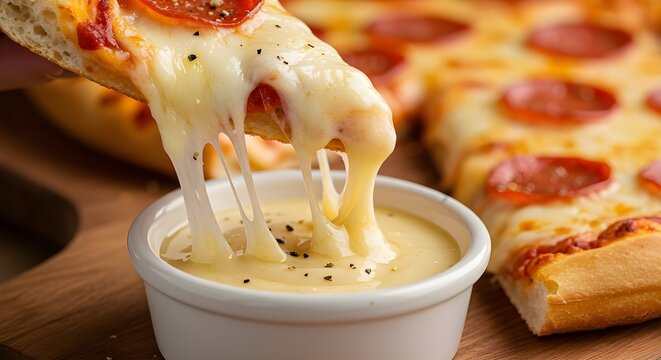 Hand Dipping Pepperoni Pizza Slice in Cheesy Sauce